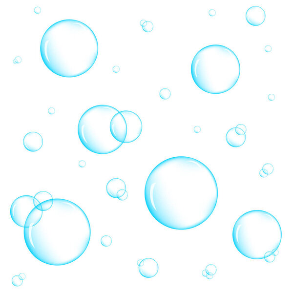 Realistic blue underwater bubbles on white background. Aquarium water stream, soap or cleanser foam. Vector illustration
