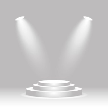 İki spot ışıklarıyla aydınlatılmış yuvarlak podyum. Boş kazanan sahne, ödül töreni kaidesi, ürün sergisi platformu. Vektör gerçekçi illüstrasyon