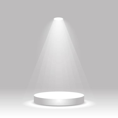 Sahne ışıklarıyla aydınlatılmış gerçekçi, yuvarlak bir podyum. Boş kazanan sahne, ürün kaidesi, sergi platformu. Vektör illüstrasyonu