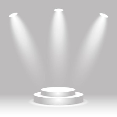 Üç spot ışıklarıyla aydınlatılmış yuvarlak beyaz sahne. Boş kazanan kaide, ödül töreni podyumu, ürün sunum platformu. Vektör gerçekçi illüstrasyon