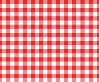 Kırmızı ve beyaz gingham desenli. Piknik battaniyesi, masa örtüsü, ekose kumaş, elbise için kareli doku. İtalyan tarzı kaplama, kumaş geometrik arkaplan, retro tekstil tasarımı. Vektör illüstrasyonu