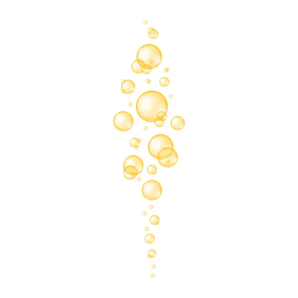 Burbujas brillantes doradas que fluyen. Colágeno, suero, aceite cosmético de jojoba, vitamina A o E, bolas de ácidos grasos omega. Ilustración realista vectorial — Vector de stock