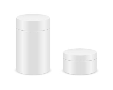 Beyaz arkaplanda izole edilmiş beyaz silindir kutular. Ürün tasarımı için karton paket modeli. Hediyeler için boş kaplar, yemek, çay, kahve. Vektör gerçekçi illüstrasyon