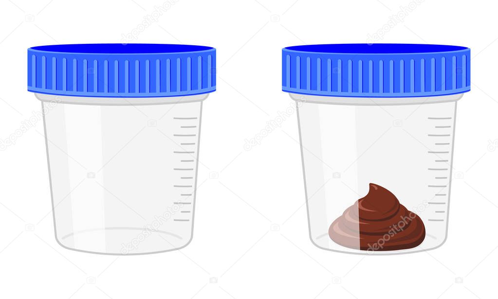 Stool sample, empty and full plastic cups. Poop analysis. Laboratory examination concept. Vector cartoon illustration