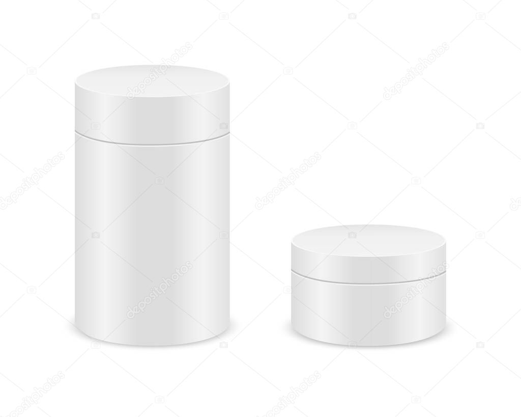 White cylinder boxes isolated on white background. Tube cardboard package mockup for product design. Blank containers for gifts, food, tea, coffee. Vector realistic illustration
