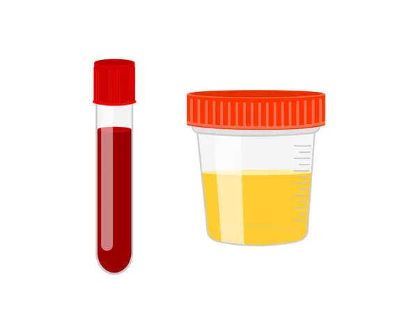 Tube à essai avec récipient à échantillon de sang et d'urine isolé sur fond blanc. Analyse d'urine, analyses médicales de sang icônes. Examen en laboratoire et concept de diagnostic. Illustration vectorielle de dessin animé — Image vectorielle