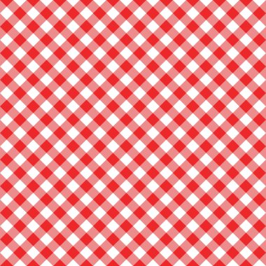 Çapraz dişli, dikişsiz desen. Kırmızı ve beyaz kareler arka plan. Piknik battaniyesi, masa örtüsü, ekose kumaş. İtalyan tarzı tekstil, kumaş geometrik tasarım. Vektör düz resimleme