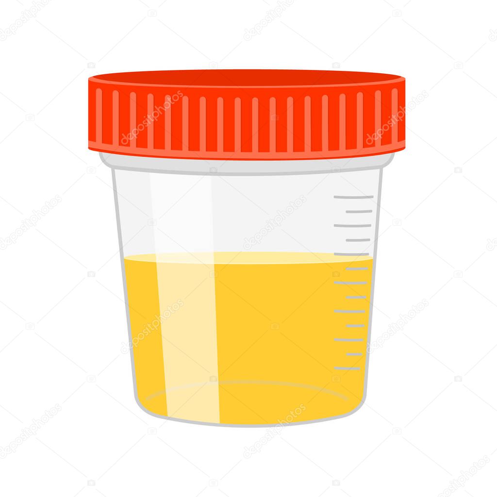 Urinalysis. Urine sample in plastic container. Laboratory examination and diagnostics concept. Vector cartoon illustration
