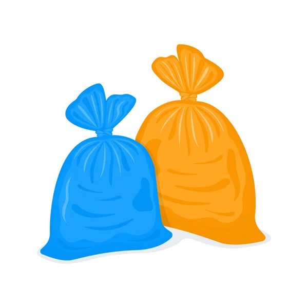 Sacos de lixo de plástico amarrados. Embalagens de lixo preenchidas isoladas em fundo branco. Embalagens azuis e laranja com lixo. Ilustração dos desenhos animados vetoriais — Vetor de Stock