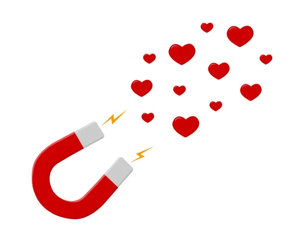 Ímã ferradura vermelha atraindo corações isolados no fundo branco. As redes sociais gostam. Poder magnético, atração, conceito de influência. Ilustração plana vetorial — Vetor de Stock