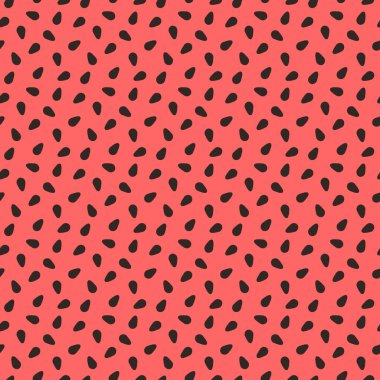 Karpuz dokusu. Kırmızı zemin üzerinde siyah tohumlar olan kusursuz bir desen. Taze meyve, parlak yaz baskısı. Vektör illüstrasyonu