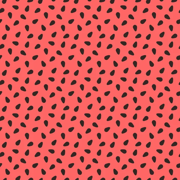 Textura de melancia. Padrão sem costura com sementes pretas no fundo vermelho. Fruta fresca, estampa de verão brilhante. Ilustração vetorial — Vetor de Stock