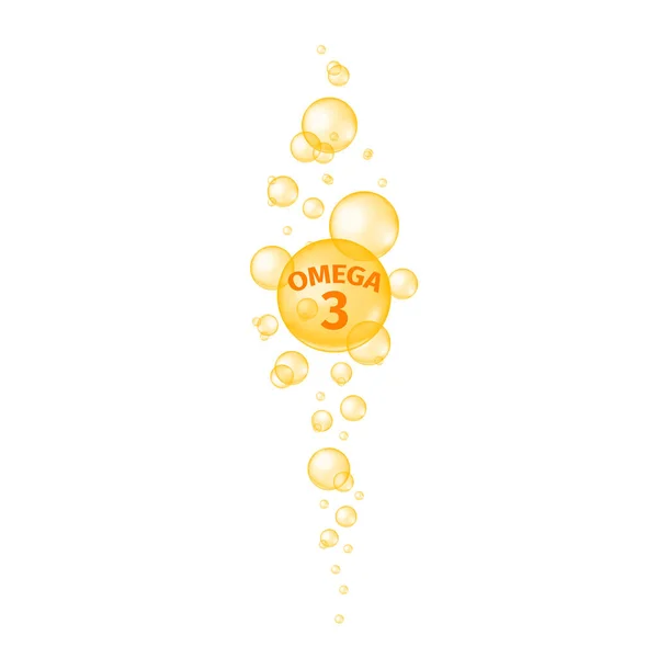 Píldoras de ácidos grasos Omega 3. Cápsulas de aceite. Burbujas brillantes doradas que fluyen. Complemento alimenticio para la belleza y la salud. Ilustración realista vectorial — Archivo Imágenes Vectoriales