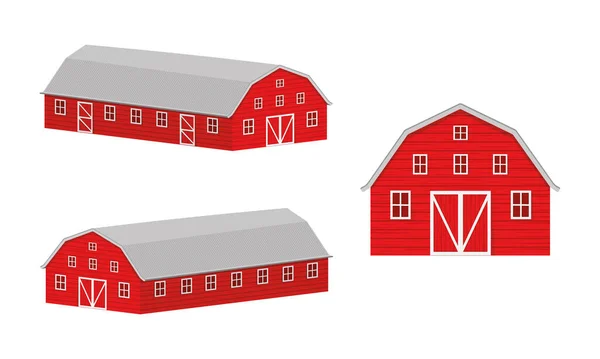 Fienile in legno vista frontale e proiezione isometrica. Edificio magazzino fattoria rossa isolato su sfondo bianco. Illustrazione del cartone animato vettoriale — Vettoriale Stock