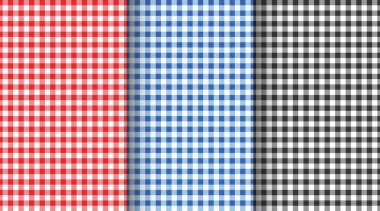 Gingham kusursuz desen ayarlandı. Piknik battaniyesi, masa örtüsü, ekose kumaş için kırmızı, mavi, siyah ve beyaz kareli kumaşlar. Kumaş geometrik arkaplan koleksiyonu. Vektör düz resimleme
