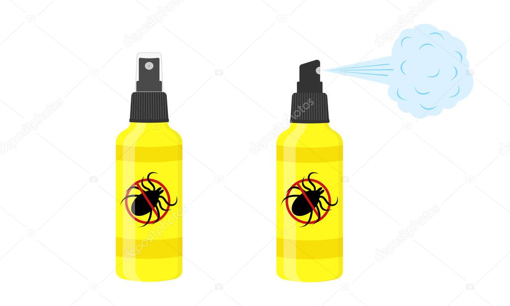 Mite spray icons. Repellent insect bottles with anti tick sign isolated on white background. Vector cartoon illustration