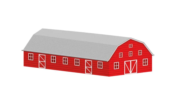 Fienile rosso in legno con proiezione isometrica del tetto in acciaio. Edificio di magazzino agricolo isolato su sfondo bianco. Illustrazione del cartone animato vettoriale — Vettoriale Stock