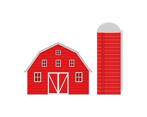 Fienile in legno rosso e silo agricolo per stoccaggio grano isolato su fondo bianco. Edifici agricoli americani vista frontale. Illustrazione del cartone animato vettoriale — Vettoriale Stock