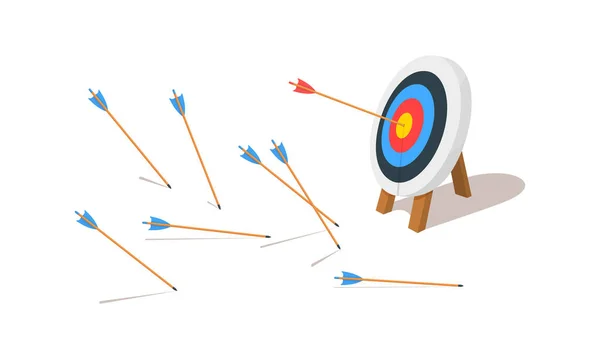 Archery target ring with one hitting and lots of missed arrows. Goal achieving idea. Business success and failure concept. Vector cartoon illustration — Stockvector