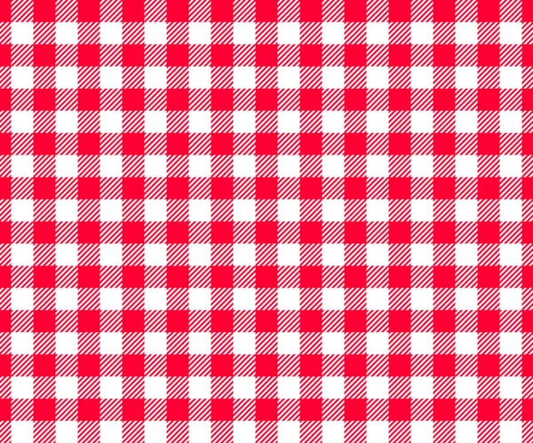 Red and white checkered background with striped squares for picnic blanket, tablecloth, plaid, shirt textile design. Gingham seamless pattern. Fabric geometric texture — Stock Vector