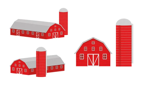 Holzscheune und Silo für Getreidelager vorne und isometrische Ansicht. Rotes Lagergebäude und Container für Weizensaatgut isoliert auf weißem Hintergrund. Vektorgrafik — Stockvektor