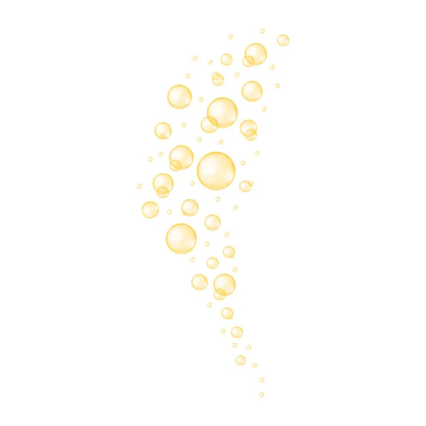 Gouden bubbels stroom. Fizzy koolzuurhoudende drank textuur. Glanzende bolletjes collageen, serum, jojoba cosmetische olie, vitamine A of E, omega vetzuren. Vector realistische illustratie — Stockvector