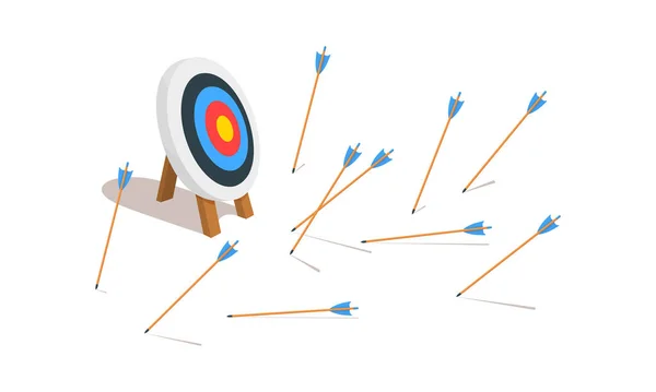 Archery target ring with many missed arrows. Business goal failure symbol. Mistake strategy concept. Vector cartoon illustration — Stock Vector