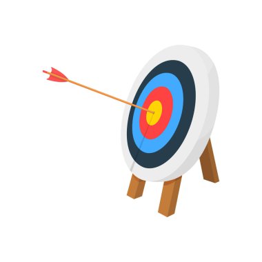 Archery target ring with arrow hitting bullseye. Dartboard on tripod. Goal achieving idea. Business success strategy symbol. Efficiency and accuracy concept. Vector cartoon illustration