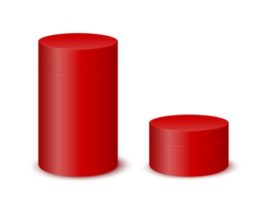 Red tube boxes isolated on white background. Cylinder cardboard, plastic or metal package mockup for product design. Blank containers for gifts, food, tea, hats. Vector realistic illustration