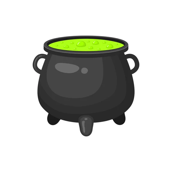 Witch cauldron with green liquid isolated on white background. Magic bubbling potion. Witchcraft equipment. Halloween design element. Vector cartoon illustration — Vetor de Stock