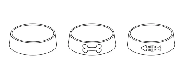 Порожні миски для їжі для домашніх тварин окреслюють піктограми. Собака і кіт пластикові або металеві пластини ізольовані на білому тлі — стоковий вектор