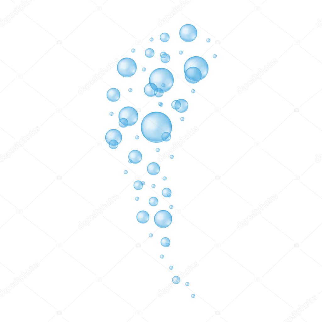 Transparent blue bubbles isolated on white background. Soap or cleanser foam, aquarium or sea oxygen stream, bath sud, fizzy carbonated water effect. Vector realistic illustratio