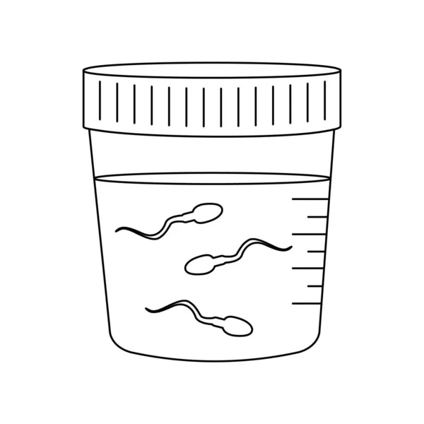Icono de esquema de análisis de semen. Muestra de esperma en recipiente de plástico. Prueba de fertilidad masculina. Concepto de donación de esperma — Vector de stock