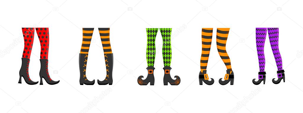 Different woman witch legs in stockings and shoes isolated on white background. Design elements for Halloween party, greeting or invitation card. Vector cartoon illustration