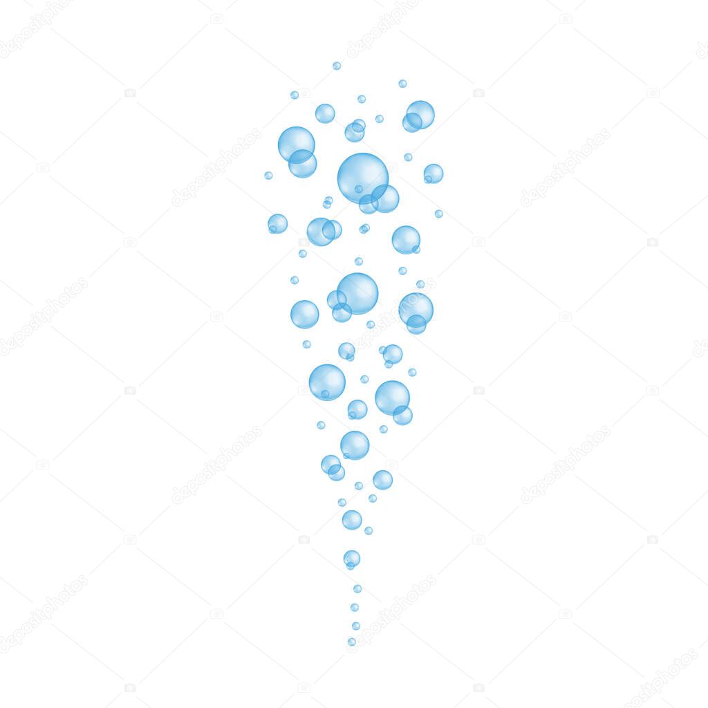Blue transparent bubbles. Effect of fizzy sparkling water, soap or cleanser foam, aquarium or sea oxygen stream, bath sud. Vector realistic illustration