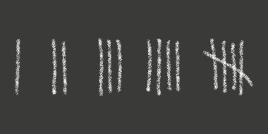 Chalk drawn tally marks on black background. Day counting sticks on prison wall or chalkboard. Unary numeral system signs