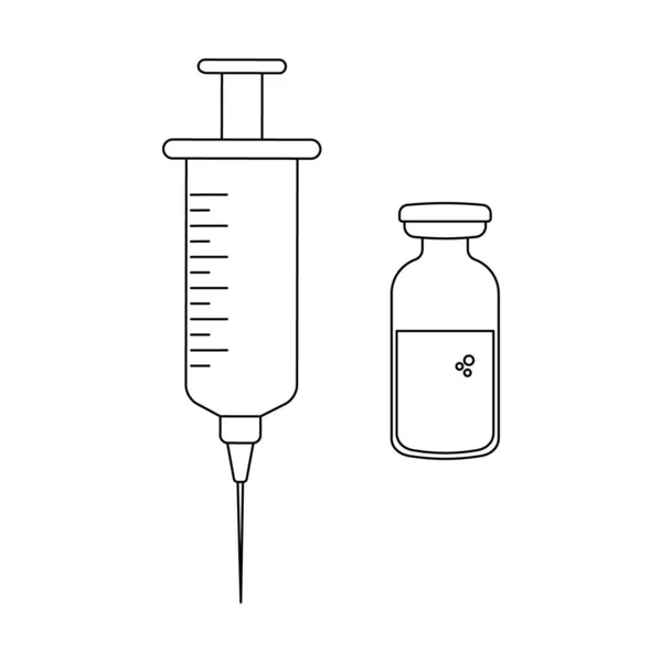 Siringa di contorno e icone del flaconcino del vaccino isolate su fondo bianco. Concetto di vaccinazione e immunizzazione — Vettoriale Stock