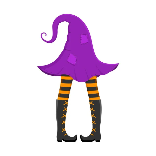 Old witch patched hat with legs in striped stockings and boots. Design element for Halloween party, greeting or invitation card. Funny vector cartoon illustration — Stok Vektör
