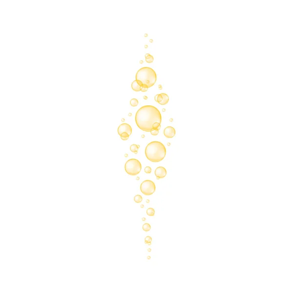 Gouden zuurstof belletjes textuur. Glanzende bolletjes collageen, serum, jojoba cosmetische olie, vitamine A of E, omega vetzuren. Sprankelende waterstroom. Koolzuurhoudende drank. Vector realistische illustratie — Stockvector