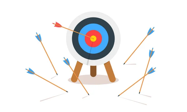 Okçuluk hedef halkası, bir vuruş ve bir sürü ıskalamış ok. Dartboard beyaz arka planda izole edilmiş. İş başarısı ve başarısızlık sembolü. Hedefe ulaşma kavramı