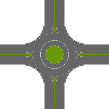 Boş, dolambaçlı bir üst manzara. Dairesel trafik kavşağı. Yuvarlak yol kavşağı beyaz arka planda izole edilmiş. Şehir haritası. Vektör düz resimleme