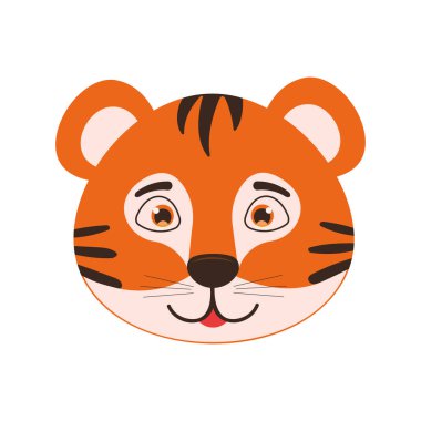 Tatlı kaplan yavrusu kafası. Beyaz arka planda izole edilmiş komik bir hayvan yüzü. Vektör düz resimleme