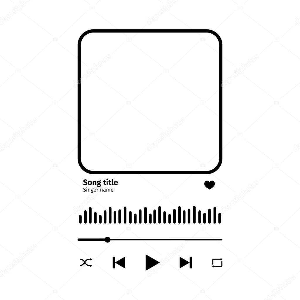 Song plaque with buttons, loading bar, equalizer sign and frame for album photo. Trendy music player interface as template for romantic gift. Vector outline illustration