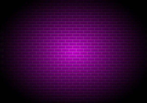 Parede de tijolo com relâmpago de néon roxo. Fundo de textura Stonewall com luz fluorescente violeta e espaço vazio para texto — Vetor de Stock