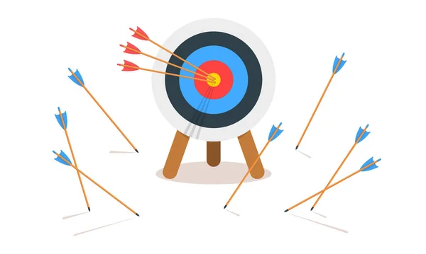 Bågskytte mål ring med tre träffande bullseye och många missade pilar. Måluppfyllelse idé. Affärs framgång och misslyckande symbol. Begreppet effektivitet och noggrannhet — Stock vektor