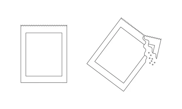 Saquetas de pó instantâneas inteiras e rasgadas. Embalagens com medicamento solúvel, café, açúcar ou sal. Ícones de contorno. AVC editável. Ilustração linear vetorial —  Vetores de Stock