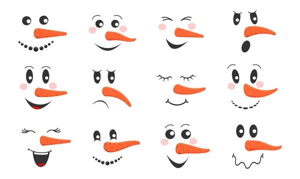 Divertidas caras de muñecos de nieve. Colección de cabezas de muñeco de nieve lindo con diferentes emociones y narices de zanahoria. Diseño de vacaciones de invierno — Vector de stock