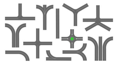 Asfalt yol kavşakları üst görüş alanında. Beyaz arka planda işaretleri olan farklı otoyol parçaları. Şehir haritası için yol ögeleri seti. Vektör düz resimleme