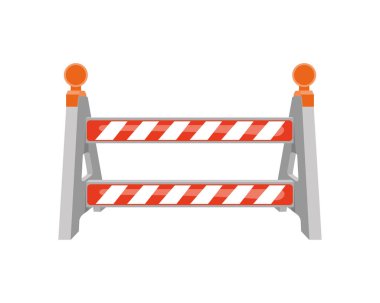 Road barrier with warning lights. Striped traffic obstacle isolated on white background. Work zone safety on highway construction. Under construction sign. Vector cartoon illustration