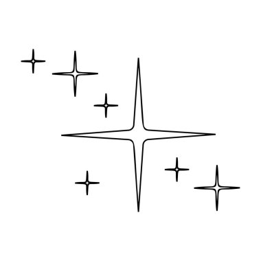 Yıldızlar parıldıyor ve parıldıyor. Beyaz arkaplanda izole edilmiş ikonlar. Parlak ışık, parlak parıltı, havai fişek sembolleri. Yıldızlı yıldırım parçacıkları. Vektör doğrusal illüstrasyon